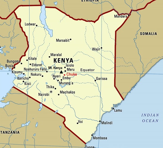 Map of Kenya with Chuka highlighted